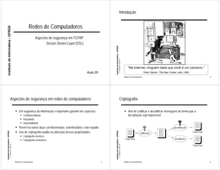 Introdução


                                                                             Redes de Computadores
     Instituto de Informática - UFRGS




                                                                                     Aspectos de segurança em TCP/IP
                                                                                            Secure Socket Layer (SSL)




                                                                                                                                       Instituto de Informática - UFRGS
                                                                                                                                                                          A. Carissimi -9-déc.-09
                                                                                                                                                                                                        “Na Internet, ninguém sabe que você é um cachorro.”
                                                                                                                        Aula 29                                                                                             Peter Steiner, The New Yorker, julho 1993
                                                                                                                                                                                                    Redes de Computadores                                                            2




                                       Aspectos de segurança em redes de computadores                                                                                         Criptografia

                                                             ! Em segurança da informação é importante garantir três aspectos:                                                                      ! Arte de codificar e decodificar mensagens de forma que a
                                                                   ! Confidencialidade                                                                                                                decriptação seja impossível
                                                                   ! Integridade
                                                                   ! Disponibilidade
                                                             ! Porém há outras duas correlacionadas: autenticidade e não repúdio                                                                                                         "##$
                                                                                                                                                                                                                                                       decodificação
                                                             ! Uso de criptografia auxilia na obtenção dessas propriedades                                                                                                               %&'(
                                                                                                                                                                                                                                                                        Texto Puro
Instituto de Informática - UFRGS




                                                                                                                                       Instituto de Informática - UFRGS




                                                                                                                                                                                                                      codificação        )*+$
                                                                                                                                                                                                                                         ,+-
                                                                   ! Criptografia simétrica                                                                                                                                              #.,/

                                                                                                                                                                                                     Texto Puro                                         decriptação
                                                                   ! Criptografia assimétrica
                                   A. Carissimi -9-déc.-09




                                                                                                                                                                          A. Carissimi -9-déc.-09




                                                                                                                                                                                                                                                                        Texto Puro




                                                             Redes de Computadores                                                 3                                                                Redes de Computadores                                                            4
 