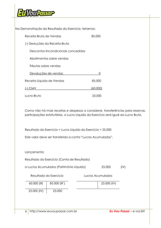 Na Demonstração do Resultado do Exercício, teríamos:

      Receita Bruta de Vendas                       85.000

      (-) Deduções da Receita Bruta

         Descontos iIncondicionais concedidos

         Abatimentos sobre vendas

         Tributos sobre vendas

         Devoluções de vendas                            0

      Receita Líquida de Vendas                     85.000

      (-) CMV                                       (60.000)

      Lucro Bruto                                   25.000



      Como não há mais receitas e despesas a considerar, transferências para reservas,
      participações estatutárias, o Lucro Líquido do Exercício será igual ao Lucro Bruto.



      Resultado do Exercício = Lucro Líquido do Exercício = 25.000

      Este valor deve ser transferido a conta “Lucros Acumulados”.




      Lançamento:

      Resultado do Exercício (Conta de Resultado)

      a Lucros Acumulados (Patrimônio Líquido)               25.000        (IV)

         Resultado do Exercício                Lucros Acumulados

        60.000 (III)   85.000 (III’)                         25.000 (IV)

        25.000 (IV)      25.000




      6 http://www.euvoupassar.com.br                              Eu Vou Passar – e você?
 