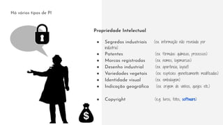 Propriedade Intelectual
● Segredos industriais (ex. informação não revelada por
indústria)
● Patentes (ex. fórmulas químicas, processos)
● Marcas registradas (ex. nomes, logomarcas)
● Desenho industrial (ex. aparência, layout)
● Variedades vegetais (ex. espécies geneticamente modificadas)
● Identidade visual (ex. embalagem)
● Indicação geográﬁca (ex. origem de vinhos, queijos etc.)
● Copyright (e.g. livros, fotos, software)
Há vários tipos de PI
 