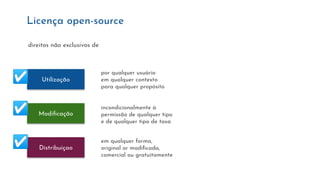 Utilização
Distribuiçao
Modiﬁcação
por qualquer usuário
em qualquer contexto
para qualquer propósito
incondicionalmente à
permissão de qualquer tipo
e de qualquer tipo de taxa
em qualquer forma,
original or modiﬁcada,
comercial ou gratuitamente
Licença open-source
direitos não exclusivos de
☑
☑
☑
 