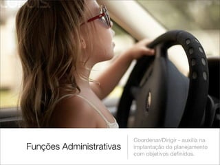 Coordenar/Dirigir - auxilia na
Funções Administrativas   implantação do planejamento
                          com objetivos deﬁnidos.
 