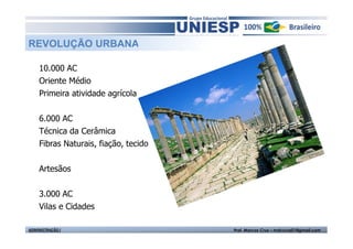 REVOLUÇÃO URBANA

    10.000 AC
    Oriente Médio
    Primeira atividade agrícola

    6.000 AC
    Técnica da Cerâmica
    Fibras Naturais, fiação, tecido

    Artesãos

    3.000 AC
    Vilas e Cidades

ADMINISTRAÇÃO I                       Prof. Marcos Cruz – mdccruz01@gmail.com
 