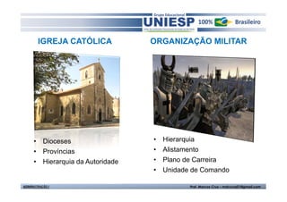 IGREJA CATÓLICA            ORGANIZAÇÃO MILITAR




      • Dioceses                   •   Hierarquia
      • Províncias                 •   Alistamento
      • Hierarquia da Autoridade   •   Plano de Carreira
                                   •   Unidade de Comando

ADMINISTRAÇÃO I                               Prof. Marcos Cruz – mdccruz01@gmail.com
 