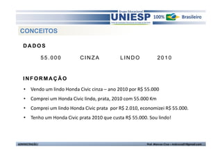 CONCEITOS

   DADOS

                  55.000    CINZA             LINDO              2010


   INFORMAÇÃO

    • Vendo um lindo Honda Civic cinza – ano 2010 por R$ 55.000
    • Comprei um Honda Civic lindo, prata, 2010 com 55.000 Km
    • Comprei um lindo Honda Civic prata por R$ 2.010, economizei R$ 55.000.
    • Tenho um Honda Civic prata 2010 que custa R$ 55.000. Sou lindo!



ADMINISTRAÇÃO I                                           Prof. Marcos Cruz – mdccruz01@gmail.com
 