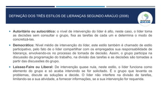 DEFINIÇÃO DOS TRÊS ESTILOS DE LIERANÇAS SEGUNDO ARAÚJO (2006)
 Autoritário ou autocrático: o nível de intervenção do líder é alto, neste caso, o líder toma
as decisões sem consultar o grupo, fixa as tarefas de cada um e determina o modo de
concretizá-las.
 Democrático: Nível médio de intervenção do líder, este estilo também é chamado de estilo
participativo, pelo fato de o líder compartilhar com os empregados sua responsabilidade de
liderança, envolvendo-os no processo de tomada de decisão. Assim, o grupo participa na
discussão da programação do trabalho, na divisão das tarefas e as decisões são tomadas a
partir das discussões do grupo.
 Laissez-Faire ou Liberal: De intervenção quase nula, neste estilo, o líder funciona como
elemento do grupo e só acaba intervindo se for solicitado. É o grupo que levanta os
problemas, discute as soluções e decide. O líder não interfere na divisão de tarefas,
limitando-se a sua atividade, a fornecer informações, se a sua intervenção for requerida.
 