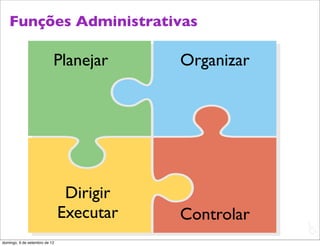 Funções Administrativas

                           Planejar       Organizar




                                Dirigir
                               Executar   Controlar
                                                      L
                                                      C
domingo, 9 de setembro de 12
 