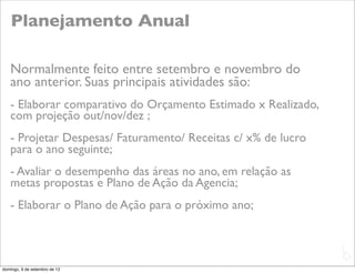 Planejamento Anual

   Normalmente feito entre setembro e novembro do
   ano anterior. Suas principais atividades são:
   - Elaborar comparativo do Orçamento Estimado x Realizado,
   com projeção out/nov/dez ;
   - Projetar Despesas/ Faturamento/ Receitas c/ x% de lucro
   para o ano seguinte;
   - Avaliar o desempenho das áreas no ano, em relação as
   metas propostas e Plano de Ação da Agencia;
   - Elaborar o Plano de Ação para o próximo ano;


                                                               L
                                                               C
domingo, 9 de setembro de 12
 