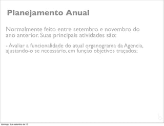 Planejamento Anual
    Normalmente feito entre setembro e novembro do
    ano anterior. Suas principais atividades são:
    - Avaliar a funcionalidade do atual organograma da Agencia,
    ajustando-o se necessário, em função objetivos traçados;




                                                                  L
                                                                  C
domingo, 9 de setembro de 12
 