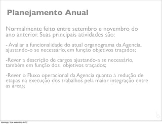 Planejamento Anual
    Normalmente feito entre setembro e novembro do
    ano anterior. Suas principais atividades são:
    - Avaliar a funcionalidade do atual organograma da Agencia,
    ajustando-o se necessário, em função objetivos traçados;
    -Rever a descrição de cargos ajustando-a se necessário,
    também em função dos objetivos traçados;
    -Rever o Fluxo operacional da Agencia quanto a redução de
    etapas na execução dos trabalhos pela maior integração entre
    as áreas;



                                                                   L
                                                                   C
domingo, 9 de setembro de 12
 