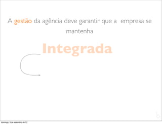 A gestão da agência deve garantir que a empresa se
                            mantenha

                               Integrada



                                                            L
                                                            C
domingo, 9 de setembro de 12
 
