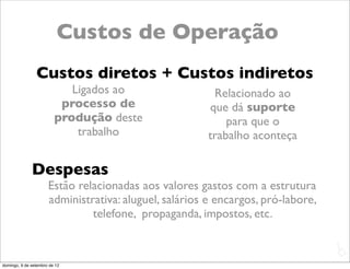 Custos de Operação
                Custos diretos + Custos indiretos
                            Ligados ao                  Relacionado ao
                          processo de                  que dá suporte
                         produção deste                    para que o
                             trabalho                  trabalho aconteça

              Despesas
                      Estão relacionadas aos valores gastos com a estrutura
                      administrativa: aluguel, salários e encargos, pró-labore,
                               telefone, propaganda, impostos, etc.

                                                                                  L
                                                                                  C
domingo, 9 de setembro de 12
 