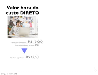 Valor hora do
         custo DIRETO




                  Salário do(s) proﬁssional(s) =   R$ 10.000
                         Nº de horas trabalhadas no mês =   160



                 Valor hora do proﬁssional =   R$ 62,50


                                                                  L
                                                                  C
domingo, 9 de setembro de 12
 