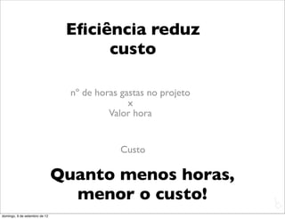 Eﬁciência reduz
                                     custo

                                 nº de horas gastas no projeto
                                               x
                                          Valor hora


                                             Custo

                               Quanto menos horas,
                                 menor o custo!                  L
                                                                 C
domingo, 9 de setembro de 12
 