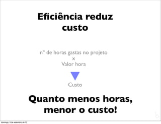 Eﬁciência reduz
                                     custo

                                 nº de horas gastas no projeto
                                               x
                                          Valor hora


                                             Custo

                               Quanto menos horas,
                                 menor o custo!                  L
                                                                 C
domingo, 9 de setembro de 12
 