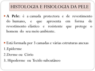 HISTOLOGIA E FISIOLOGIA DA PELE
 A Pele: é a camada protectora e de revestimento
do humano, e que apresenta em forma de
revestimento elástico e resistente que protege o
homem do seu meio ambiente.
 Está formada por 3 camadas e várias estruturas anexas
1.Epiderme
2.Derme ou Cório
3. Hipoderme ou Tecido subcutâneo
 
