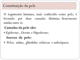 Constituição da pele
O tegumento humano, mais conhecido como pele, é
formado por duas camadas distintas, firmemente
unidas entre si:
Camadas da pele são:
 Epiderme , Derme e Hipoderme.
Anexos da pele:
 Pelos, unhas, glândulas sebáceas e sudoríparas.
 