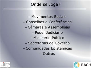 Onde se Joga?
– Movimentos Sociais
– Conselhos e Conferências
– Câmaras e Assembléias
– Poder Judiciário
– Ministério Público
– Secretarias de Governo
– Comunidades Epistêmicas
– Outros
 