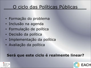 O ciclo das Políticas Públicas
• Formação do problema
• Inclusão na agenda
• Formulação de política
• Decisão da política
• Implementação da política
• Avaliação da política
Será que este ciclo é realmente linear?
 