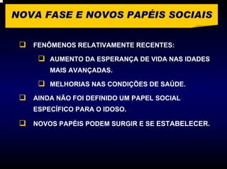 NOVA FASE E NOVOS PAPÉIS SOCIAIS


   FENÔMENOS RELATIVAMENTE RECENTES:

       AUMENTO DA ESPERANÇA DE VIDA NAS IDADES
       MAIS AVANÇADAS.

       MELHORIAS NAS CONDIÇÕES DE SAÚDE.

   AINDA NÃO FOI DEFINIDO UM PAPEL SOCIAL
   ESPECÍFICO PARA O IDOSO.

   NOVOS PAPÉIS PODEM SURGIR E SE ESTABELECER.
 