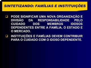 SINTETIZANDO: FAMÍLIAS E INSTITUIÇÕES


   PODE SIGNIFICAR UMA NOVA ORGANIZAÇÃO E
   DIVISÃO   DA   RESPONSABILIDADE    PELO
   CUIDADO      DOS    MEMBROS      IDOSOS
   DEPENDENTES ENTRE A FAMÍLIA, O ESTADO E
   O MERCADO.
   INSTITUIÇÕES E FAMÍLIAS DEVEM CONTRIBUIR
   PARA O CUIDADO COM O IDOSO DEPENDENTE.
 