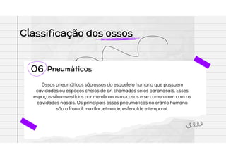 Classificação dos ossos
06 Pneumáticos
Ossos pneumáticos são ossos do esqueleto humano que possuem
cavidades ou espaços cheios de ar, chamados seios paranasais. Esses
espaços são revestidos por membranas mucosas e se comunicam com as
cavidades nasais. Os principais ossos pneumáticos no crânio humano
são o frontal, maxilar, etmoide, esfenoide e temporal.
 