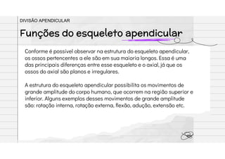 Conforme é possível observar na estrutura do esqueleto apendicular,
os ossos pertencentes a ele são em sua maioria longos. Essa é uma
das principais diferenças entre esse esqueleto e o axial, já que os
ossos do axial são planos e irregulares.
A estrutura do esqueleto apendicular possibilita os movimentos de
grande amplitude do corpo humano, que ocorrem na região superior e
inferior. Alguns exemplos desses movimentos de grande amplitude
são: rotação interna, rotação externa, flexão, adução, extensão etc.
Funções do esqueleto apendicular
DIVISÃO APENDICULAR
 