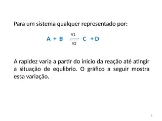 Para um sistema qualquer representado por:
A + B C + D
A rapidez varia a partir do inicio da reação até atingir
a situação de equlibrio. O gráfico a seguir mostra
essa variação.
V1
V2
8
 