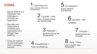 CHINA
▪ Século XXIV a.C o
Imperador Yao
empregou o
princípio da
assessoria.
▪ Reunião com
assessores e
ministros para
aconselhar-se e
delegar-lhes
poderes
1. Organização para
que o estado possa ser
estabelecido.
▪ Criou um manual
de administração
para o primeiro-
ministro:
2. Funções – para
que o Estado possa
ser esclarecido.
3. Relações –
governo possa ser
cooperativo.
4. Procedimento –
Foco na eficiência.
5. Formalidades –
possa parecer
permanente.
6. Controle – Ser
completo
7. Punições –
estado possa ser
corrigido
8. Conta – Para
que o estado seja
fiscalizado
 