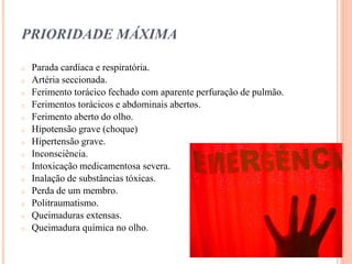 PRIORIDADE MÁXIMA
o Parada cardíaca e respiratória.
o Artéria seccionada.
o Ferimento torácico fechado com aparente perfuração de pulmão.
o Ferimentos torácicos e abdominais abertos.
o Ferimento aberto do olho.
o Hipotensão grave (choque)
o Hipertensão grave.
o Inconsciência.
o Intoxicação medicamentosa severa.
o Inalação de substâncias tóxicas.
o Perda de um membro.
o Politraumatismo.
o Queimaduras extensas.
o Queimadura química no olho.
 