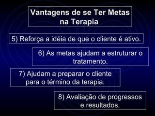 Vantagens de se Ter Metas
             na Terapia

5) Reforça a idéia de que o cliente é ativo.

         6) As metas ajudam a estruturar o
                   tratamento.
  7) Ajudam a preparar o cliente
    para o término da terapia.

               8) Avaliação de progressos
                      e resultados.
 