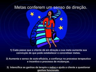 Metas conferem um senso de direção.




   1) Cada passo que o cliente dá em direção a sua meta aumenta sua
        convicção de que pode estabelecer e concretizar metas.

2) Aumenta o senso de auto-eficácia, a confiança no processo terapeutico
                 e incentiva o processo de mudanças.

3) Intencifica os ganhos da terapia x reduz e ajuda o cliente a questionar
                          ganhos funcionais.
 