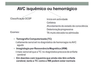 AVC isquêmico ou hemorrágico
Classificação OCSP
Exames:
— Tomografia Computorizada (TC)
¢altamente sensível no diagnóstico de hemorragia no AVC
agudo
— Imagiologia por Ressonância Magnética (IRM)
¢mais sensível que a TC no diagnóstico precoce de enfarte
cerebral
— Em doentes com isquemia que ainda não têm enfarte
cerebral, tanto a TC como a RM podem estar normais
Início em actividade
Cefaleia
Afundamento do estado de consciência
Deterioração progressiva
TA muito elevada na admissão
 