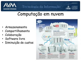 Computação em nuvem
• Armazenamento
• Compartilhamento
• Colaboração
• Software livre
• Diminuição de custos
 