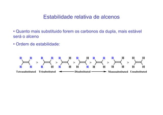 Estabilidade relativa de alcenos

• Quanto mais substituido forem os carbonos da dupla, mais estável
será o alceno
• Ordem de estabilidade:


   R        R            R        R       R   H       R    H       R   R       R     H       H      H
                    >                 >           >            >           >             >
   R        R            R        H       R   H       H    R       H   H       H     H       H      H
 Tetrasubstituted       Trisubstituted            Disubstituted            Monosubstituted Unsubstituted
 