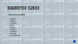 ▪ PRINCIPAIS INTOMAS
▪ Cefaleia
▪ Mialgia
▪ Fraqueza
▪ Febre
▪ Náusea
▪ Calafrio
▪ Sudorese
▪ Artralgia
▪ Dor abdominal
 