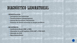 ▪ HEMATOLOGIA
▪ Leucopenia com Linfocitose
▪ Trombocitopenia (plaquetopenia)
▪ Anemia Normocromica, Normocitica
▪ Presença de formas evolutivas no sangue periférico
▪ BIOQUÍMICA
▪ Insuficiência Renal (URE e CRE)
▪ Alterações no perfil hepático (TGO/AST e TGP/ALT)
▪ Alteração de LDH
▪ Hipocolesterolemia
 
