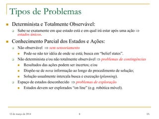 12 de março de 2014 8 IA
Tipos de Problemas
 Determinista e Totalmente Observável:
 Sabe-se exatamente em que estado está e em qual irá estar após uma ação 
estados únicos.
 Conhecimento Parcial dos Estados e Ações:
 Não observável  sem sensoriamento
 Pode-se não ter idéia de onde se está; busca em “belief states”.
 Não determinista e/ou não totalmente observável  problemas de contingências
 Resultados das ações podem ser incertos; e/ou
 Dispõe-se de nova informação ao longo do procedimento de solução;
 Solução usualmente intercala busca e execução (planning).
 Espaço de estados desconhecido  problemas de exploração
 Estados devem ser explorados “on line” (e.g. robótica móvel).
 