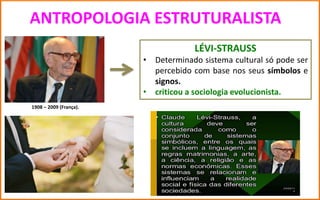ANTROPOLOGIA ESTRUTURALISTA
LÉVI-STRAUSS
• Determinado sistema cultural só pode ser
percebido com base nos seus símbolos e
signos.
• criticou a sociologia evolucionista.
1908 – 2009 (França).
 