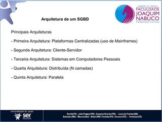 Arquitetura de um SGBD
Principais Arquiteturas
- Primeira Arquitetura: Plataformas Centralizadas (uso de Mainframes)
- Segunda Arquitetura: Cliente-Servidor
- Terceira Arquitetura: Sistemas em Computadores Pessoais
- Quarta Arquitetura: Distribuída (N camadas)
- Quinta Arquitetura: Paralela

 