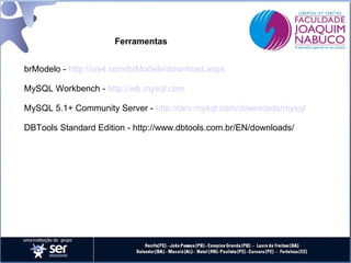 Ferramentas
brModelo - http://sis4.com/brModelo/download.aspx
MySQL Workbench - http://wb.mysql.com
MySQL 5.1+ Community Server - http://dev.mysql.com/downloads/mysql
DBTools Standard Edition - http://www.dbtools.com.br/EN/downloads/

 
