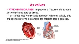 As valvas
- ATRIOVENTRICULARES: Impedem o retorno do sangue
dos ventrículos para os átrios.
Gif: https://belas-imagens.tumblr.com/post/180067993573
- Nas saídas dos ventrículos também existem valvas, que
impedem o retorno do sangue das artérias para o coração.
https://brainly.com.br/tarefa/14616750
 
