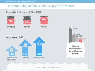 90%
50%
78%
PotássioFósforoNitrogênio
Diminuir a dependência externa por fertilizantes
Desafios para o Sistema Agroalimentar
¹,³ANDA (2013); ² Costa & Silva (2012);
Importação brasileira de NPK (em 2010)¹
Maiores
consumidores
de fertilizantes
(2010)²
China
Índia
EUA
Brasil
30%
16%
12%
6%
Entre 2000 e 2013³
110%90%17%
Produção de
fertilizantes
ImportaçõesConsumo
 
