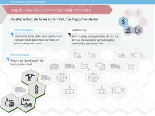 Conclusões e recomendações
Desafio: reduzir, de forma sustentável, “yield gaps” existentes
Pilar II — Viabilidade Econômica, Social e Ambiental
Reduzir os “yields gaps” de
forma sustentável
Recomendação
Informações sobre padrões de uso da
terra e zoneamento agroecológico
serão úteis neste sentido
Justificativa
Identificar áreas aptas para agricultura
com potencial para produzir mais do
que estão produzindo
Recomendação
 