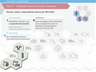 Conclusões e recomendações
Desafio: reduzir a dependência externa por NPK (70%)
Pilar II — Viabilidade Econômica, Social e Ambiental
Intensificar a difusão e uso
da agricultura de precisão
Recomendação
Plano Nacional de
Fertilizantes e Rede FertBrasil
Essas estratégias são fundamentais
para a redução dos custos de
produção e da dependência
externa do País por NPK
Justificativa
Dar visibilidade política ao
Plano Nacional de Fertilizantes
Recomendação
 