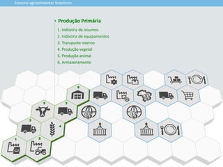 1 2
3
4
5
6
3
Sistema agroalimentar brasileiro
1. Indústria de insumos
2. Indústria de equipamentos
3. Transporte interno
4. Produção vegetal
5. Produção animal
6. Armazenamento
Produção Primária
 