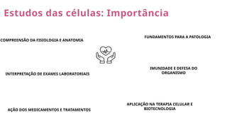 Estudos das células: Importância
COMPREENSÃO DA FISIOLOGIA E ANATOMIA
FUNDAMENTOS PARA A PATOLOGIA
INTERPRETAÇÃO DE EXAMES LABORATORIAIS
AÇÃO DOS MEDICAMENTOS E TRATAMENTOS
IMUNIDADE E DEFESA DO
ORGANISMO
APLICAÇÃO NA TERAPIA CELULAR E
BIOTECNOLOGIA
 