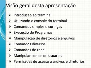 Visão geral desta apresentação
    Introduçao ao terminal
    Utilizando o console do terminal
    Comandos simples e curingas
    Execução de Programas
    Manipulaçao de diretorios e arquivos
    Comandos diversos
    Comandos de rede
    Manipular contas de usuarios
    Permissoes de acesso a aruivos e diretorios
 