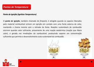 O ponto de ignição, também chamado de firepoint, é atingido quando os vapores liberados
pelo material combustível entram em ignição em contato com uma fonte externa de calor,
mantendo a chama mesmo com a retirada da fonte. Reações sustentáveis de combustão
ocorrem quando calor suficiente, proveniente de uma reação exotérmica (reação que libera
calor), é gerado nas imediações do combustível, produzindo vapores em concentração
suficiente que permita o desenvolvimento auto-sustentável da combustão.
Pontos de Temperatura
Ponto de Ignição (Ignition Temperature)
 