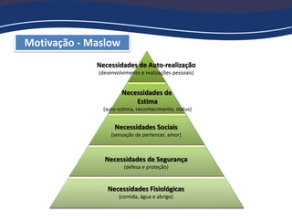 Motivação - Maslow
Necessidades Fisiológicas
(comida, água e abrigo)
Necessidades de Segurança
(defesa e proteção)
Necessidades Sociais
(sensação de pertencer, amor)
Necessidades de
Estima
(auto-estima, reconhecimento, status)
Necessidades de Auto-realização
(desenvolvimento e realizações pessoais)
 