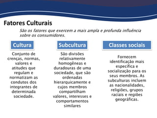Fatores Culturais
São os fatores que exercem a mais ampla e profunda influência
sobre os consumidores.
Cultura
Conjunto de
crenças, normas,
valores e
atitudes que
regulam e
normatizam as
condutos dos
integrantes de
determinada
sociedade.
Subcultura
Fornecem
identificação mais
específica e
socialização para os
seus membros. As
subculturas incluem
as nacionalidades,
religiões, grupos
raciais e regiões
geográficas.
Classes sociais
São divisões
relativamente
homogêneas e
duradouras de uma
sociedade, que são
ordenadas
hierarquicamente e
cujos membros
compartilham
valores, interesses e
comportamentos
similares
 